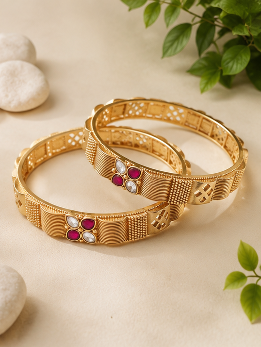 Ruby & White Stone Geometric Gold Bangles 2