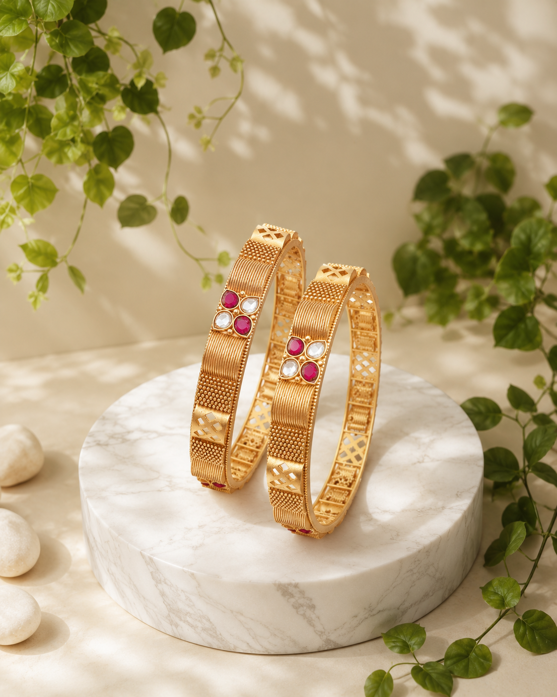 Ruby & White Stone Geometric Gold Bangles 3