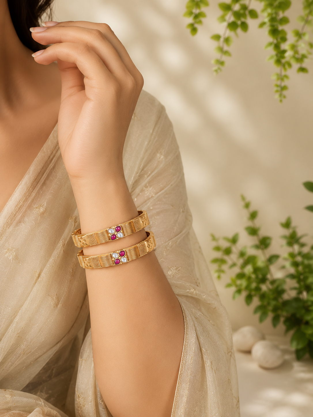 Ruby & White Stone Geometric Gold Bangles 4