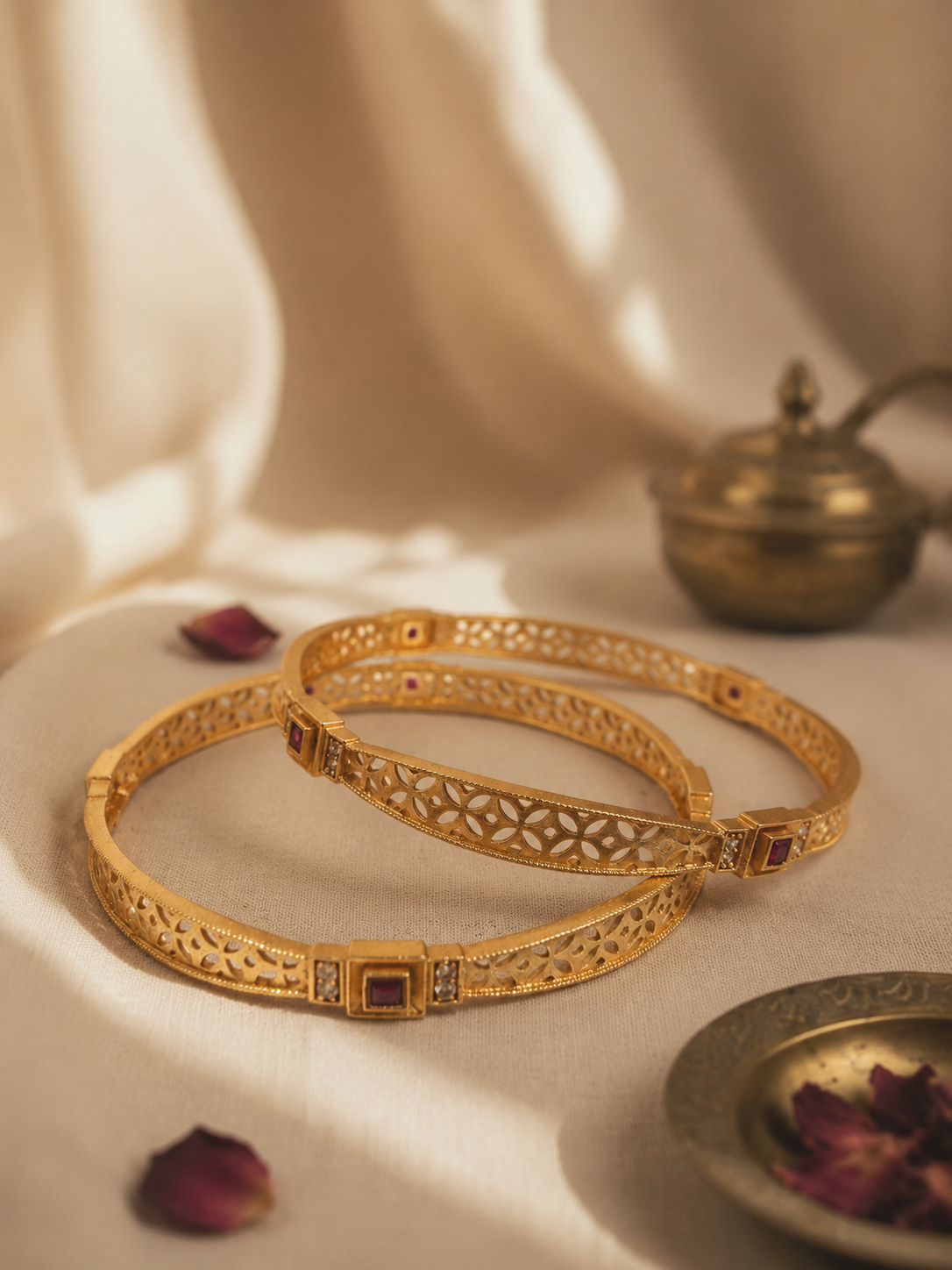 Ruby Crystal Floral Filigree Gold color Bangles 2