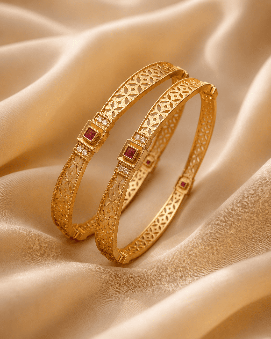 Ruby Crystal Floral Filigree Gold color Bangles 3