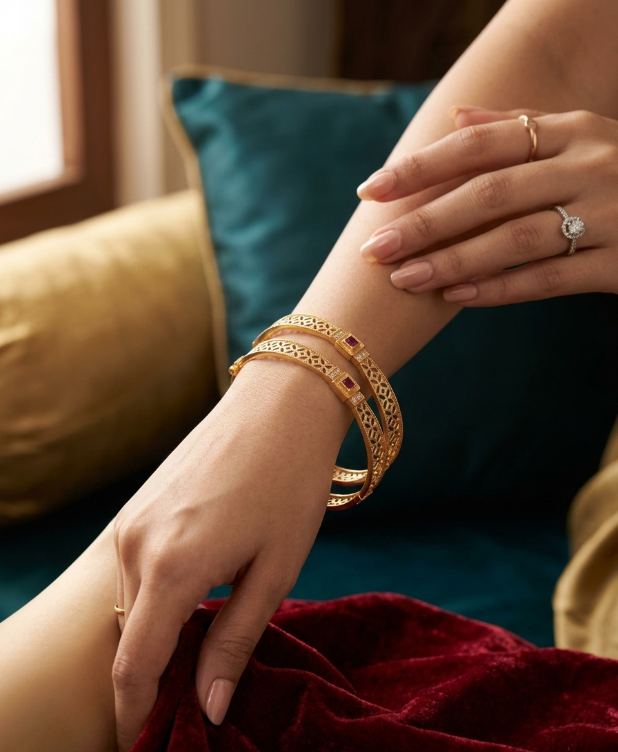Ruby Crystal Floral Filigree Gold color Bangles 4