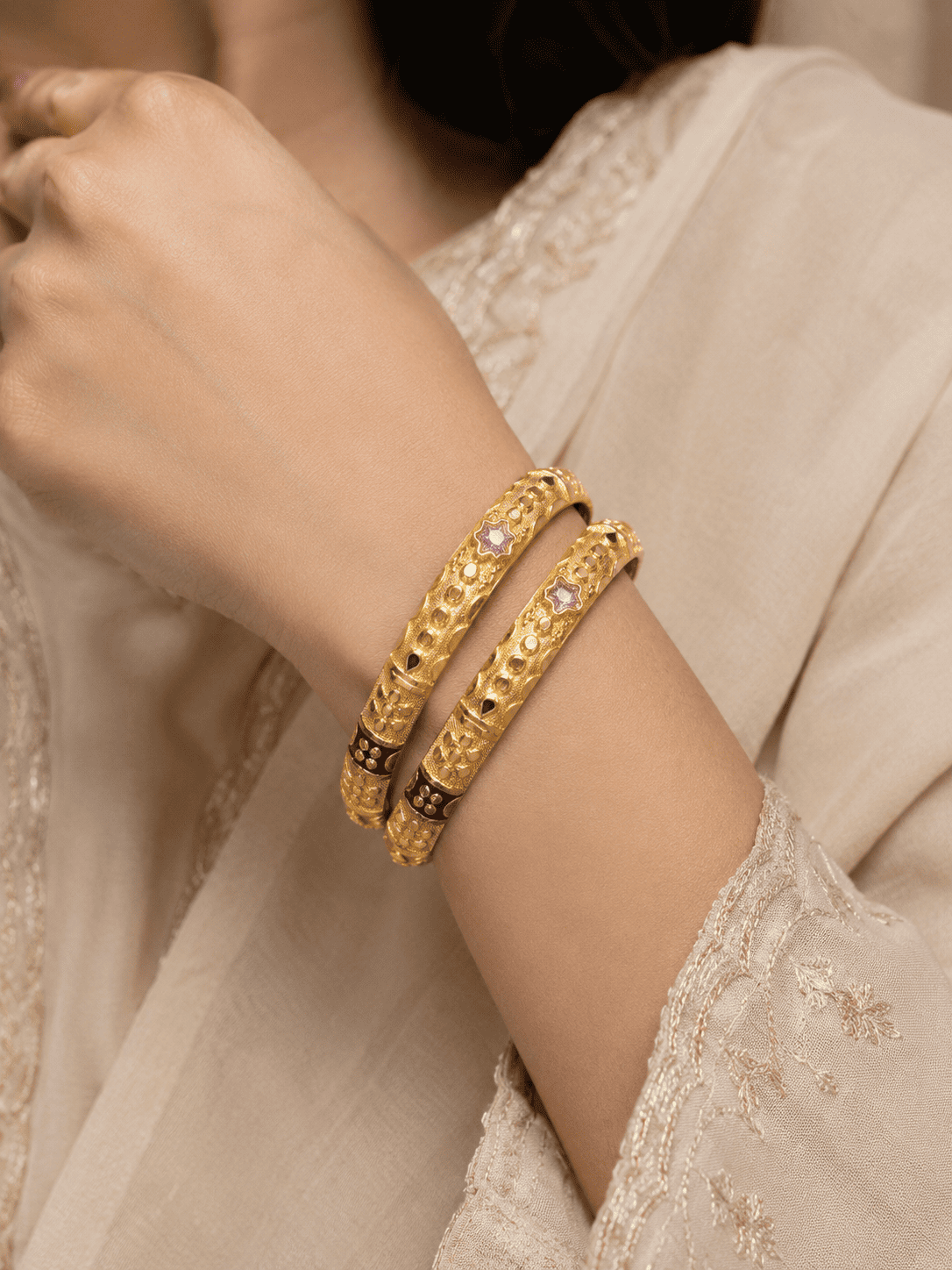 Traditional Gold-Tone Floral Stone Bangles 4