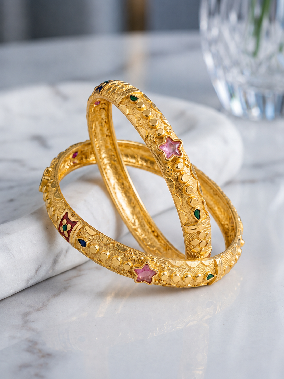 Traditional Gold-Tone Floral Stone Bangles 2