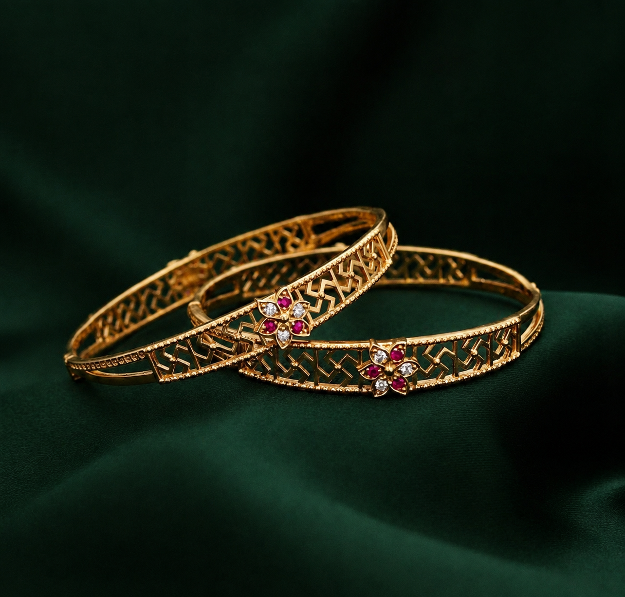 Traditional Gold-Tone Floral Designer Bangles with CZ Stones 2