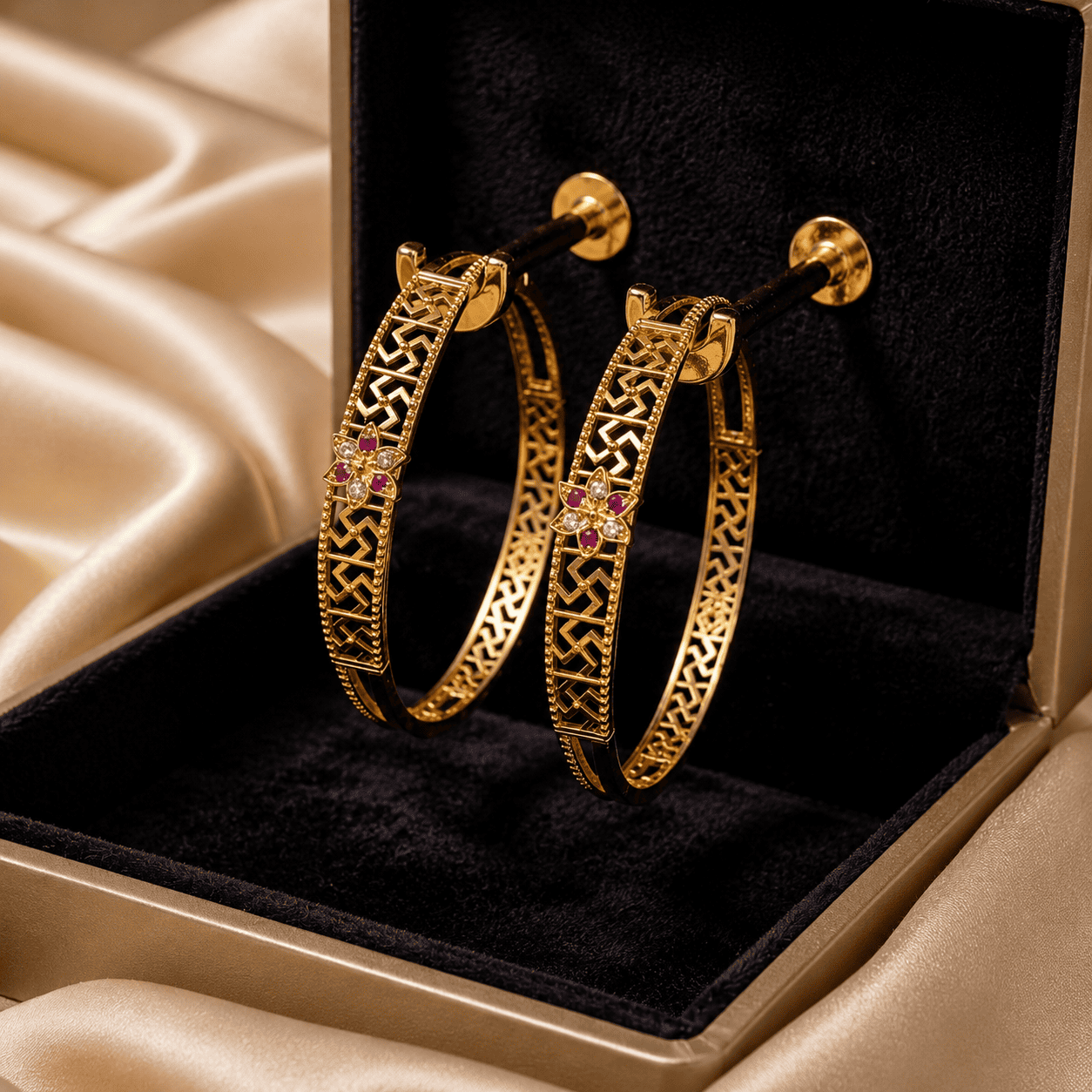 Traditional Gold-Tone Floral Designer Bangles with CZ Stones 3