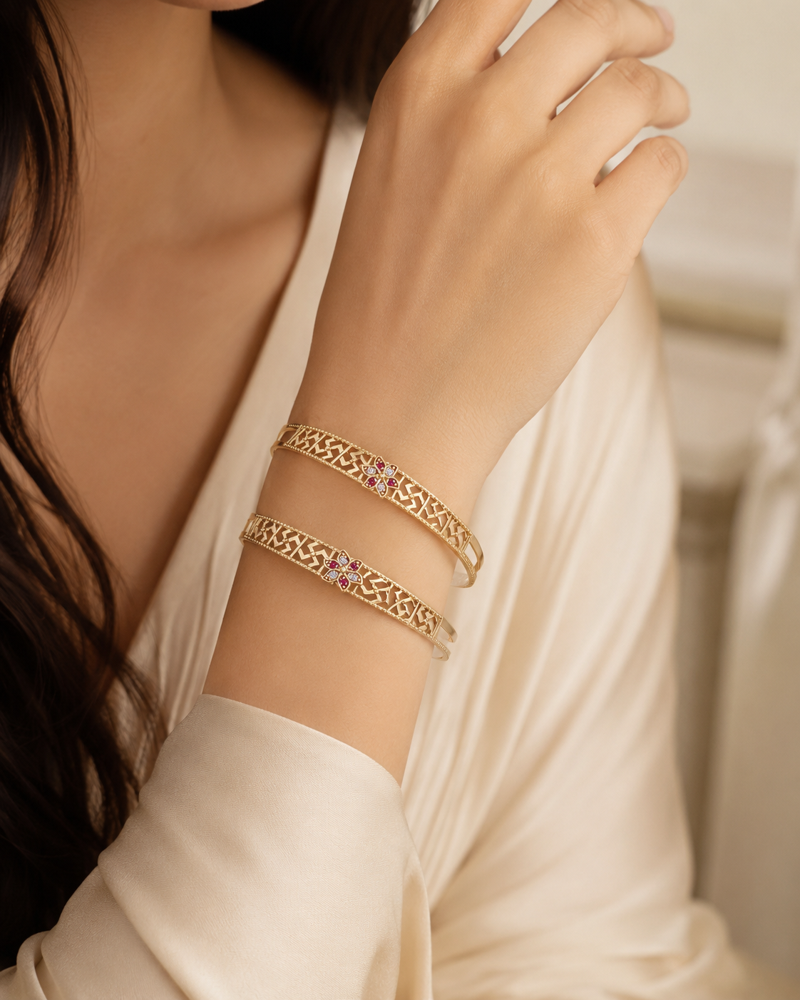 Traditional Gold-Tone Floral Designer Bangles with CZ Stones 4